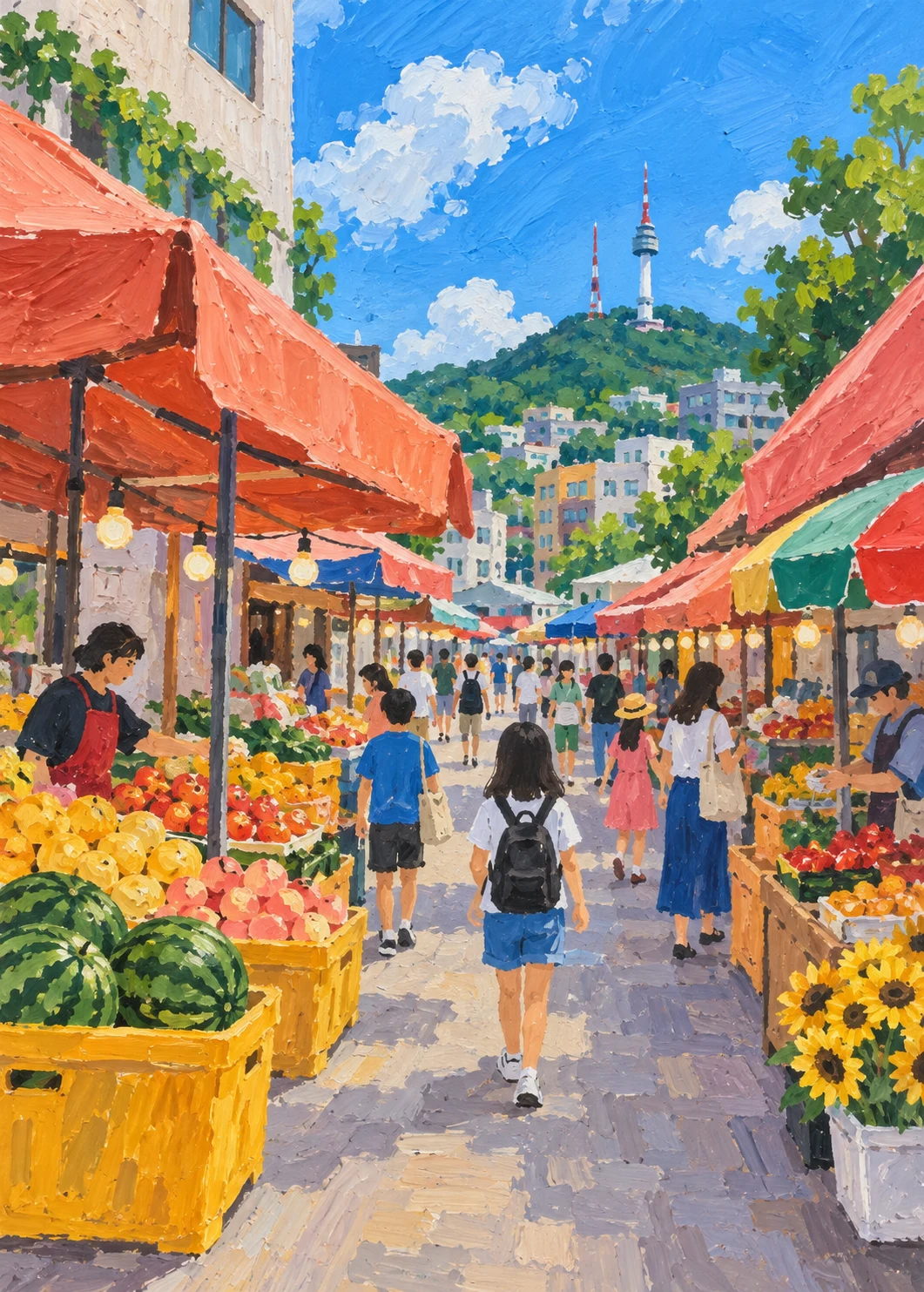 시장 풍경을 아크릴 물감으로 그린 학생 작품