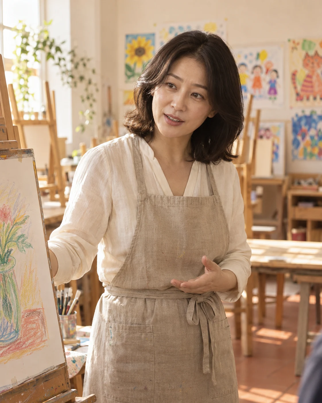 선생님이 학생 작품 앞에서 설명하는 상반신 사진