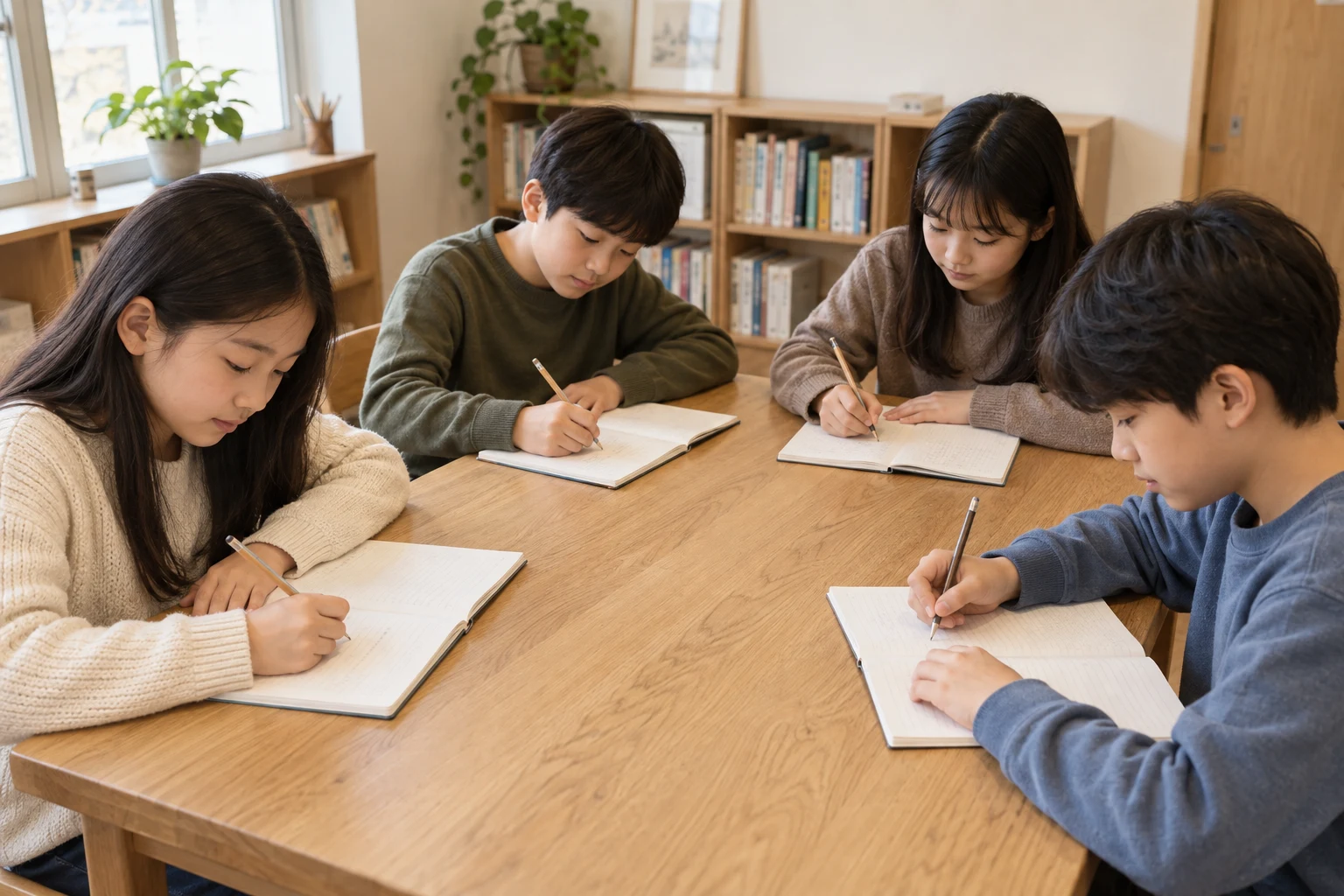 학생 네 명이 원목 책상에 둘러앉아 각자 공책에 연필로 글을 쓰는 독서논술 수업 장면