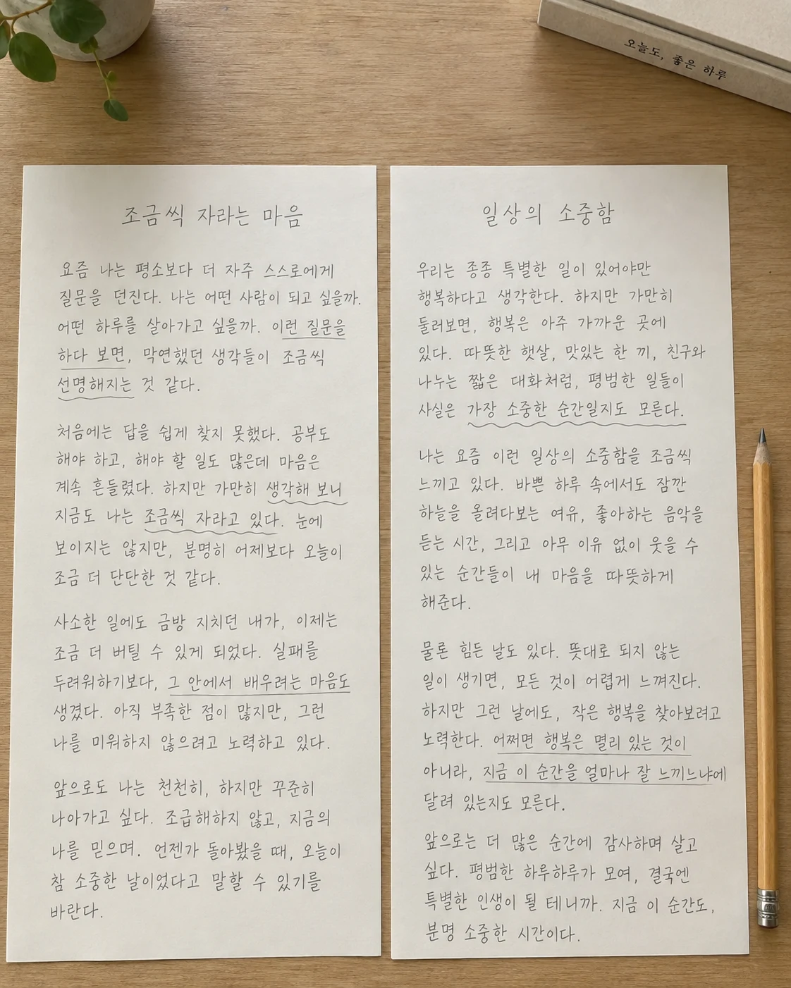 연필로 밑줄과 물결선이 표시된 학생 원고 두 장이 책상에 나란히 놓인 근접 사진
