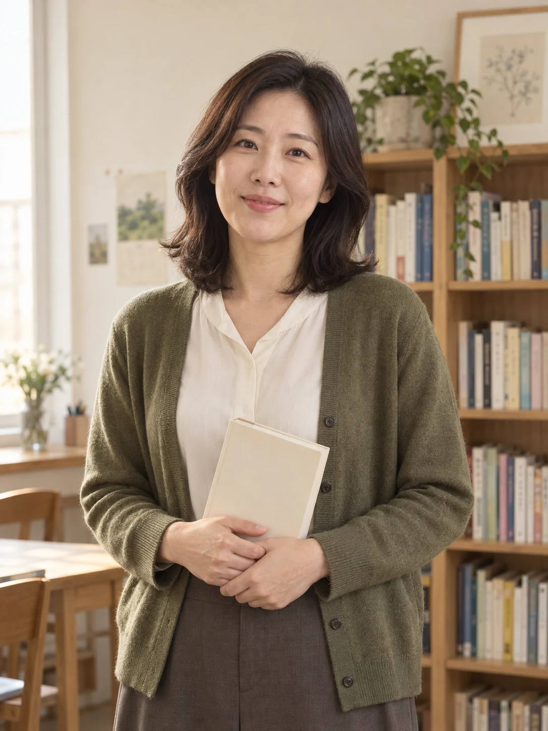 선생님이 교습소 책장 앞에서 책 한 권을 들고 서 있는 상반신 사진
