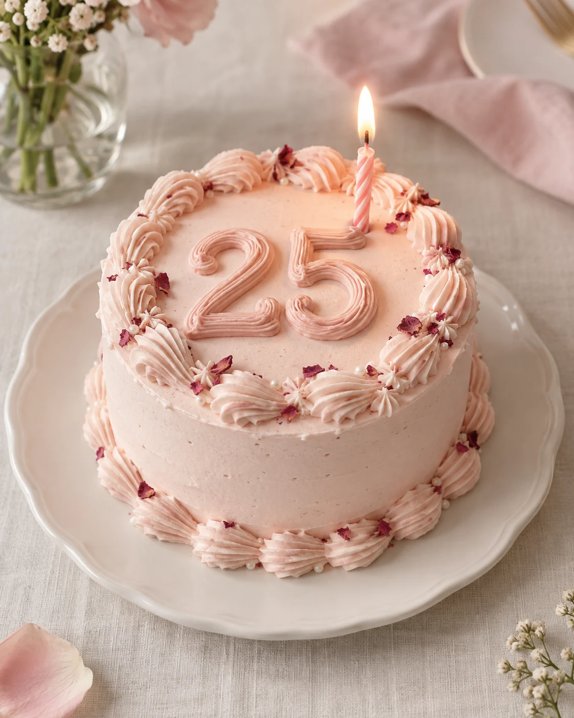 가운데에 크림으로 짜 올린 숫자 장식과 작은 초를 함께 세운 생일 케이크 사진