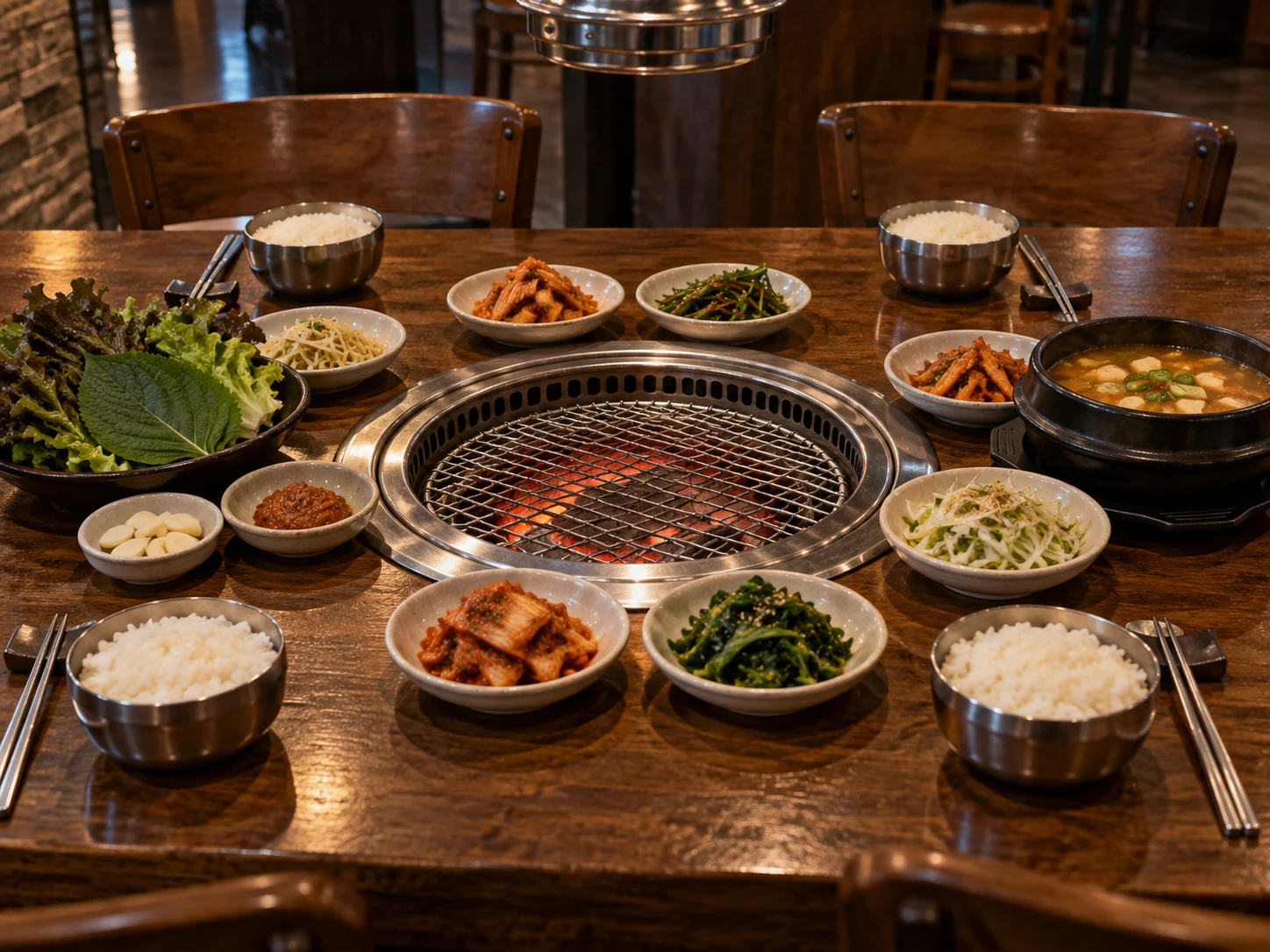 숯불 고깃집 테이블에 반찬 그릇과 쌈 채소, 된장찌개가 인원수대로 차려진 모습을 정면에서 담은 사진