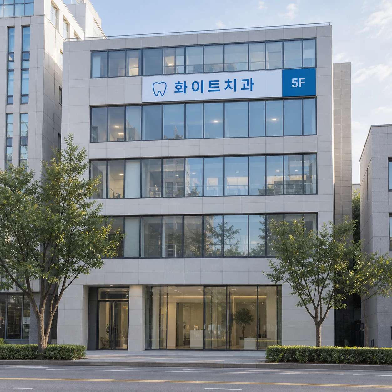 치과가 있는 건물 외관과 5층 간판