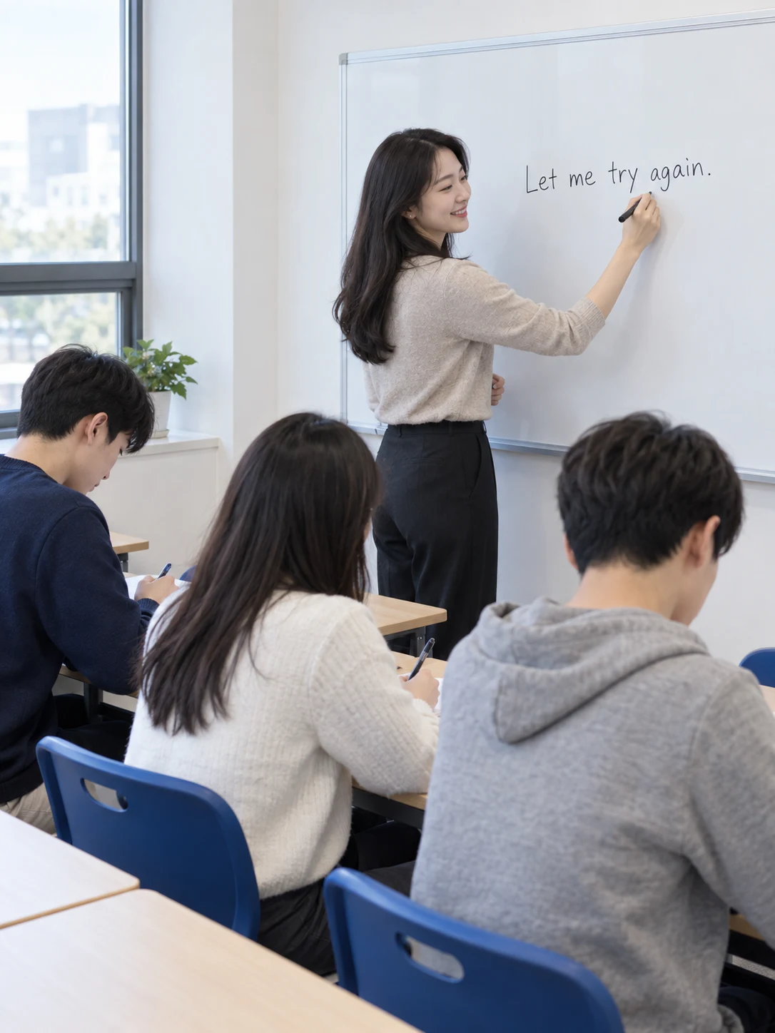 강사가 화이트보드에 영어 표현을 적고 학생들이 노트에 옮겨 적는 회화 교실 측면 사진