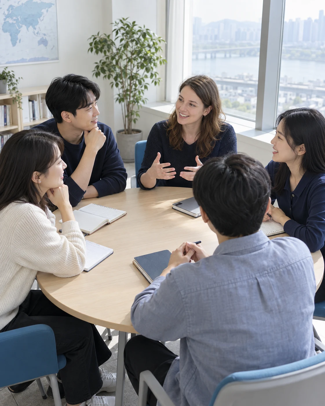 창가 원형 테이블에 다섯 명이 둘러앉아 영어로 이야기를 주고받는 소그룹 회화 수업 장면