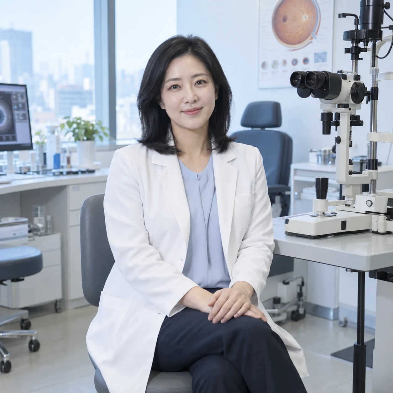 안과 대표원장이 진료실 검안 장비 옆 의자에 앉아 정면을 바라보는 정사각 프로필 사진