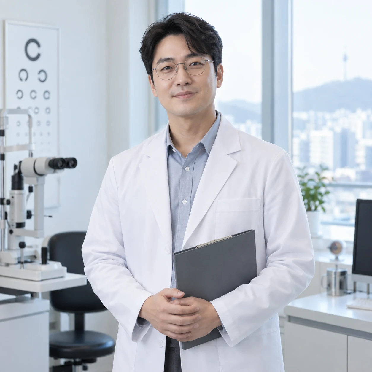 안과 진료원장이 밝은 진료실 창가에 서서 차트를 들고 있는 정사각 프로필 사진