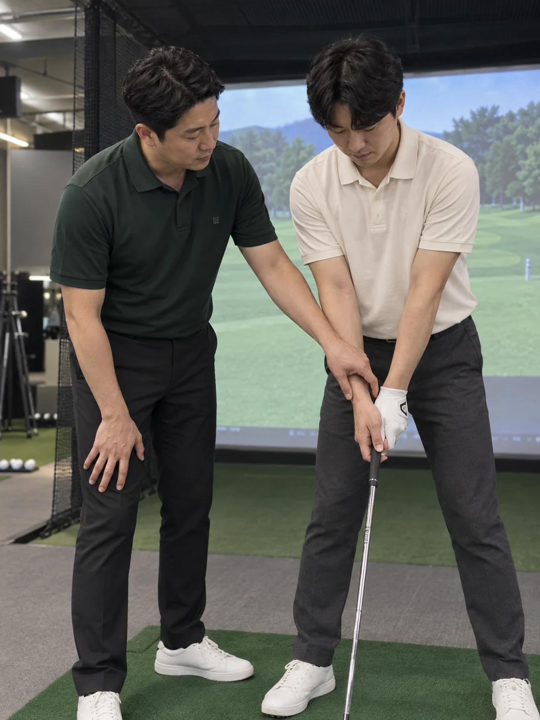 실내 타석에서 회원의 그립을 손으로 잡아 고쳐 주는 레슨 프로의 모습