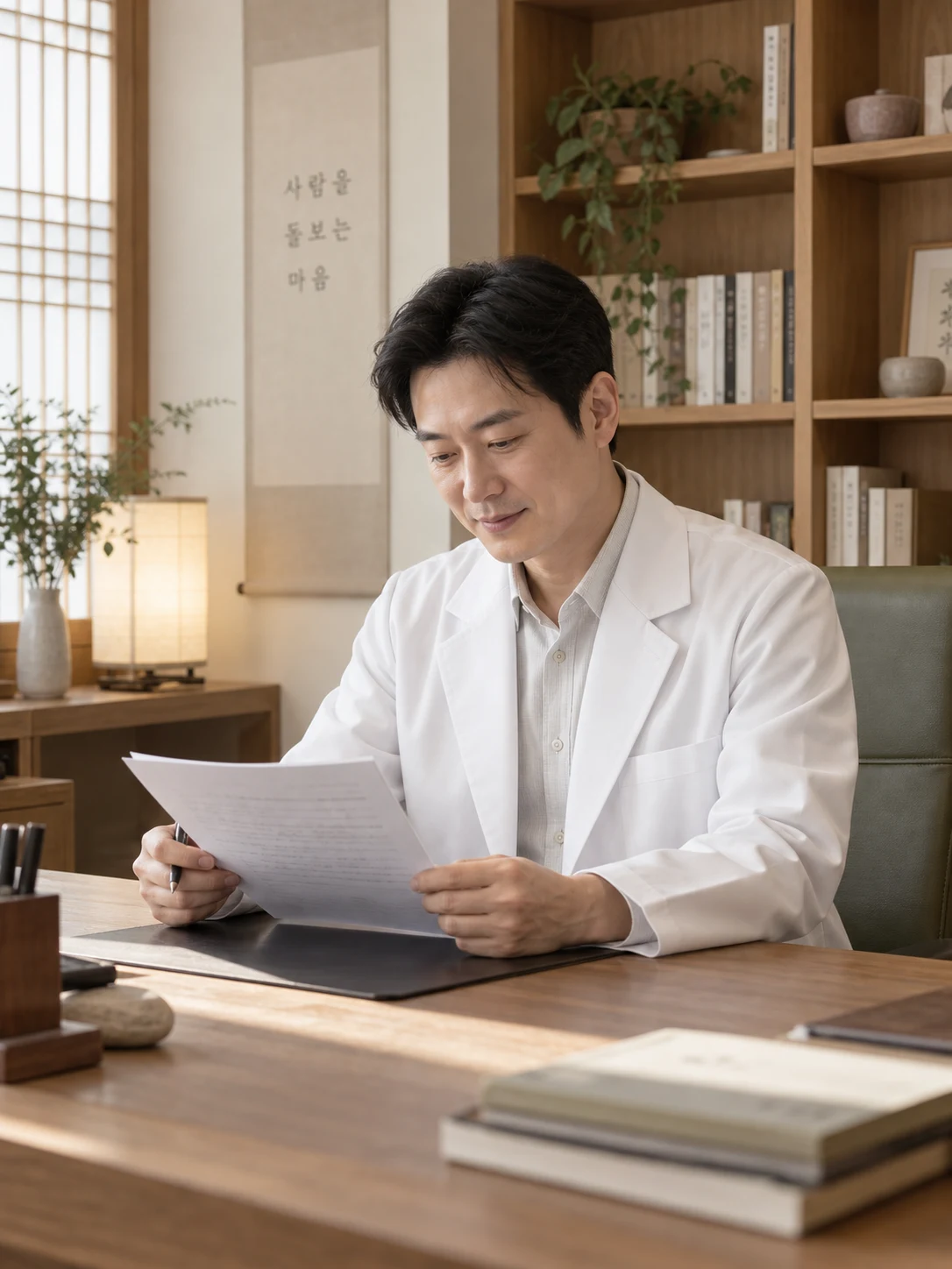 진료실 책상에서 문진표를 확인하는 원장