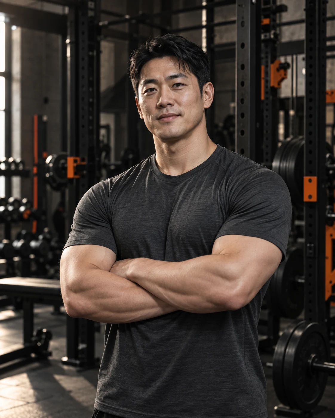 팔을 교차하고 선 남성 트레이너의 상반신