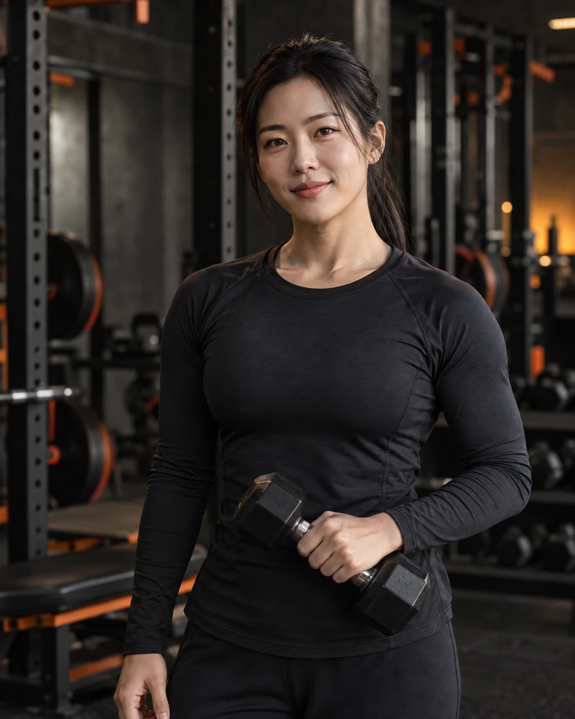 덤벨을 들고 선 여성 트레이너의 상반신
