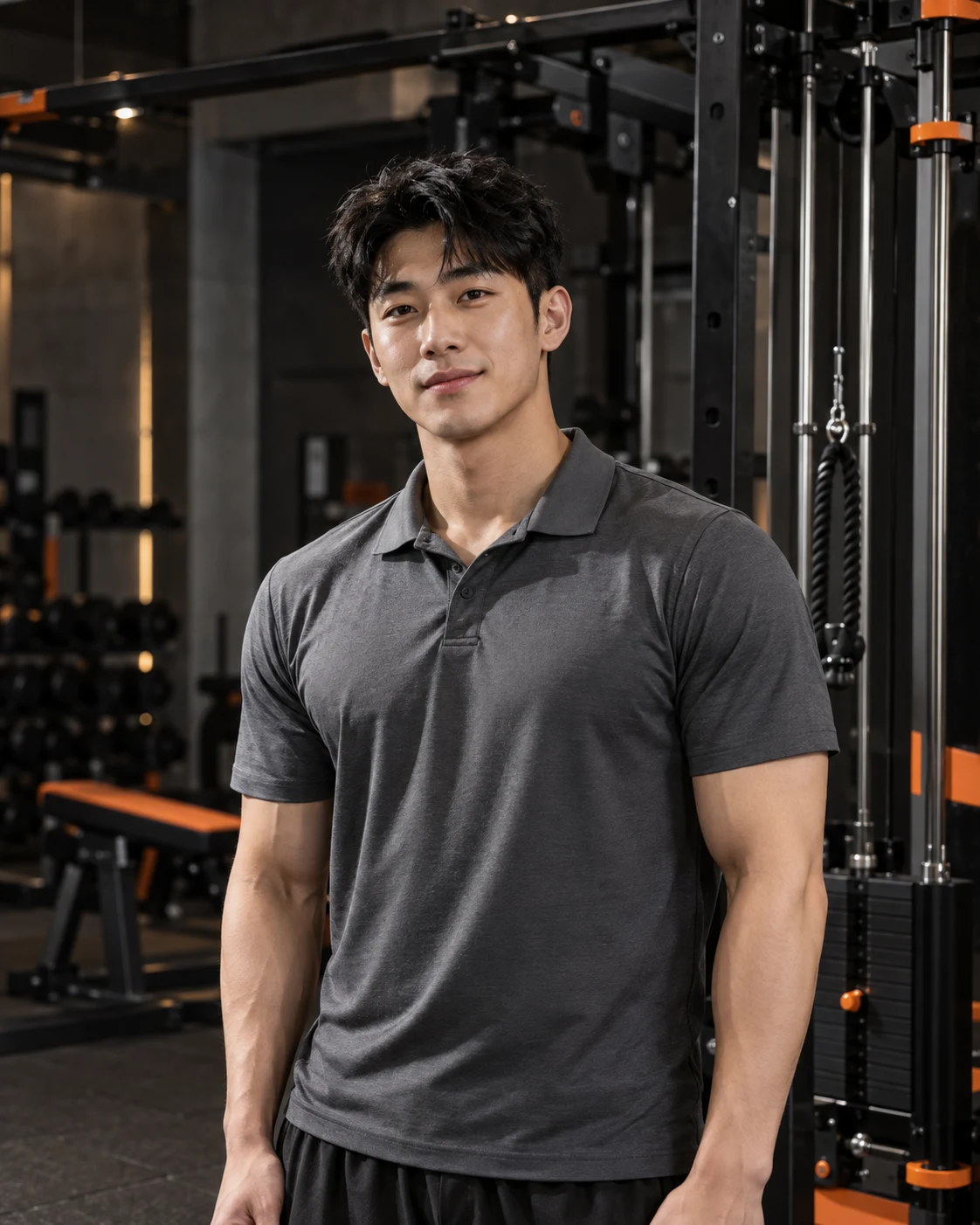 케이블 머신 앞에 선 남성 트레이너의 상반신