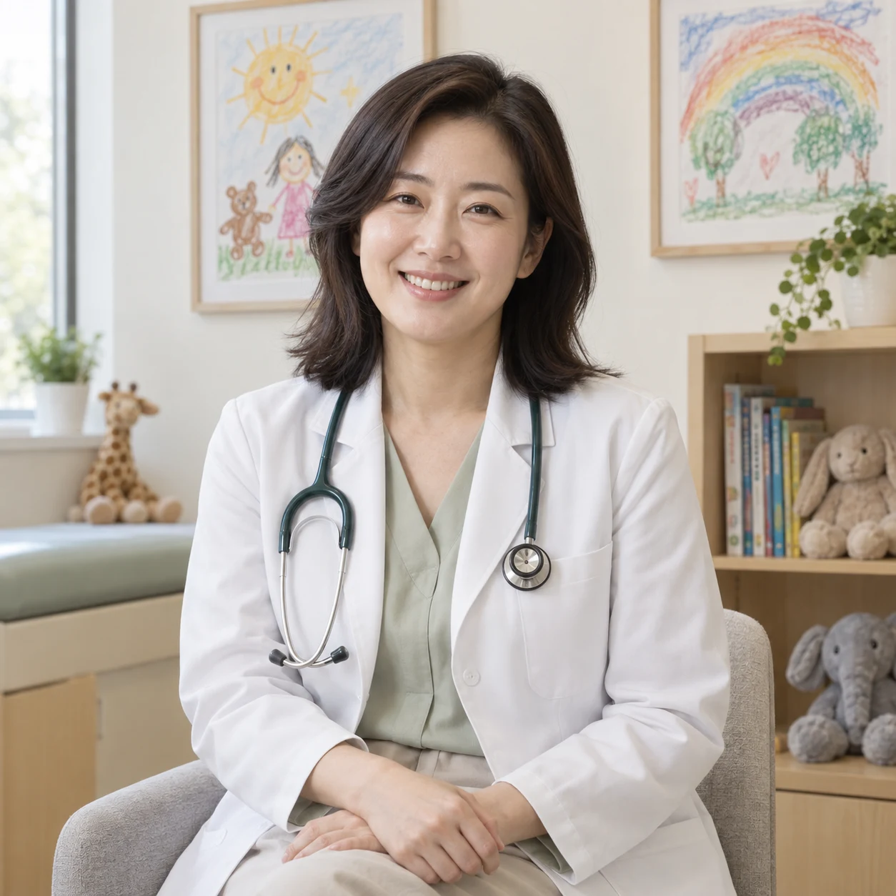 소아과 원장이 그림이 붙은 진료실 벽 앞에서 청진기를 목에 걸고 웃으며 앉아 있는 정사각 사진