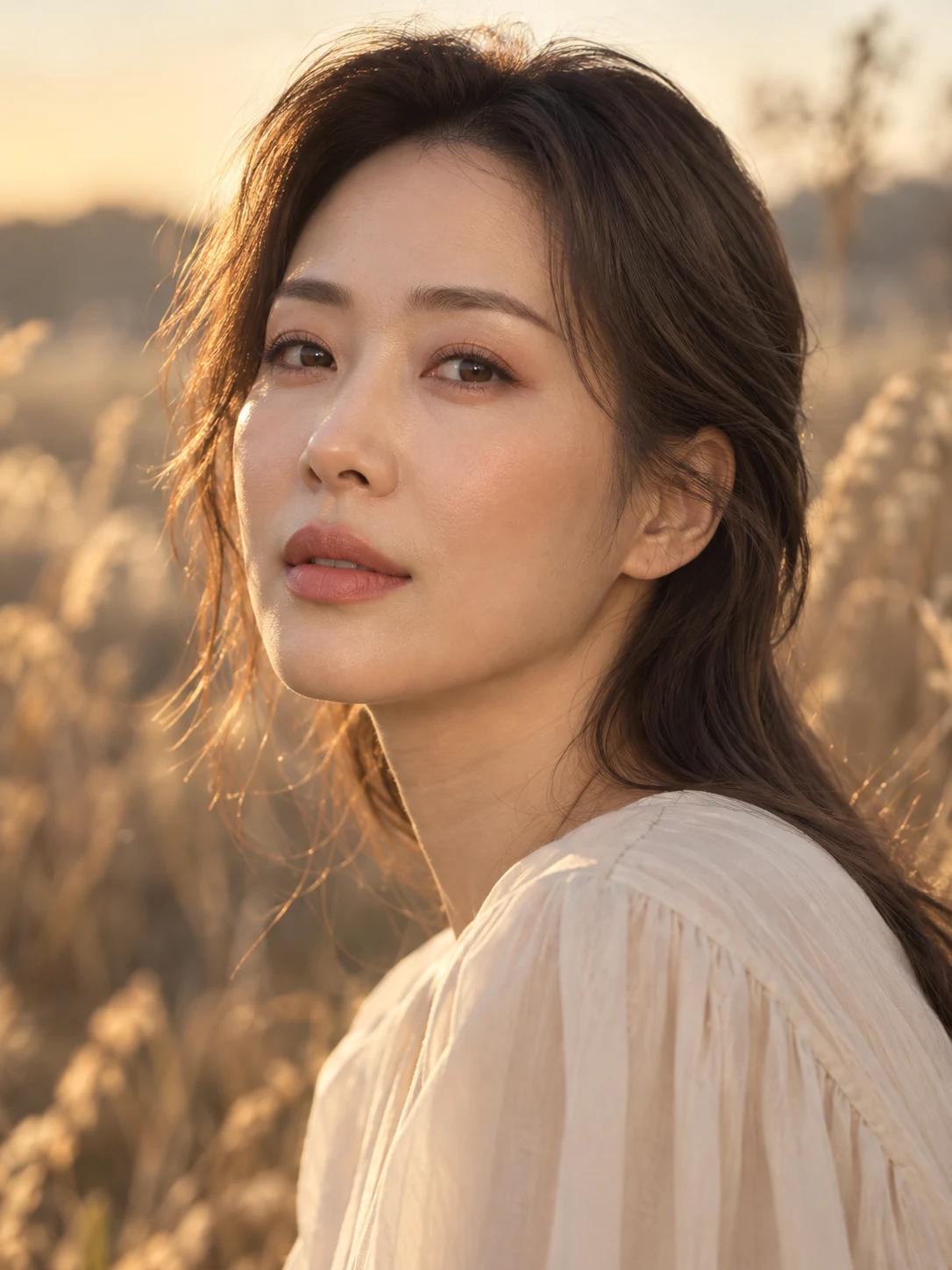 해가 낮게 드는 야외에서 화보 촬영 중인 모델의 얼굴 클로즈업 사진