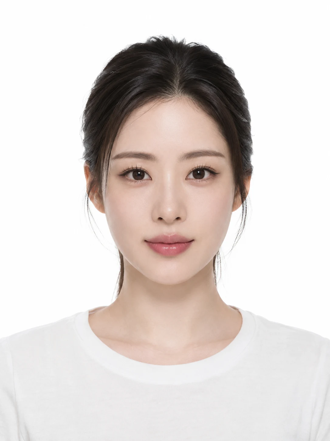 흰 배경 스튜디오 조명 아래에서 눈 화장을 또렷하게 마친 정면 사진