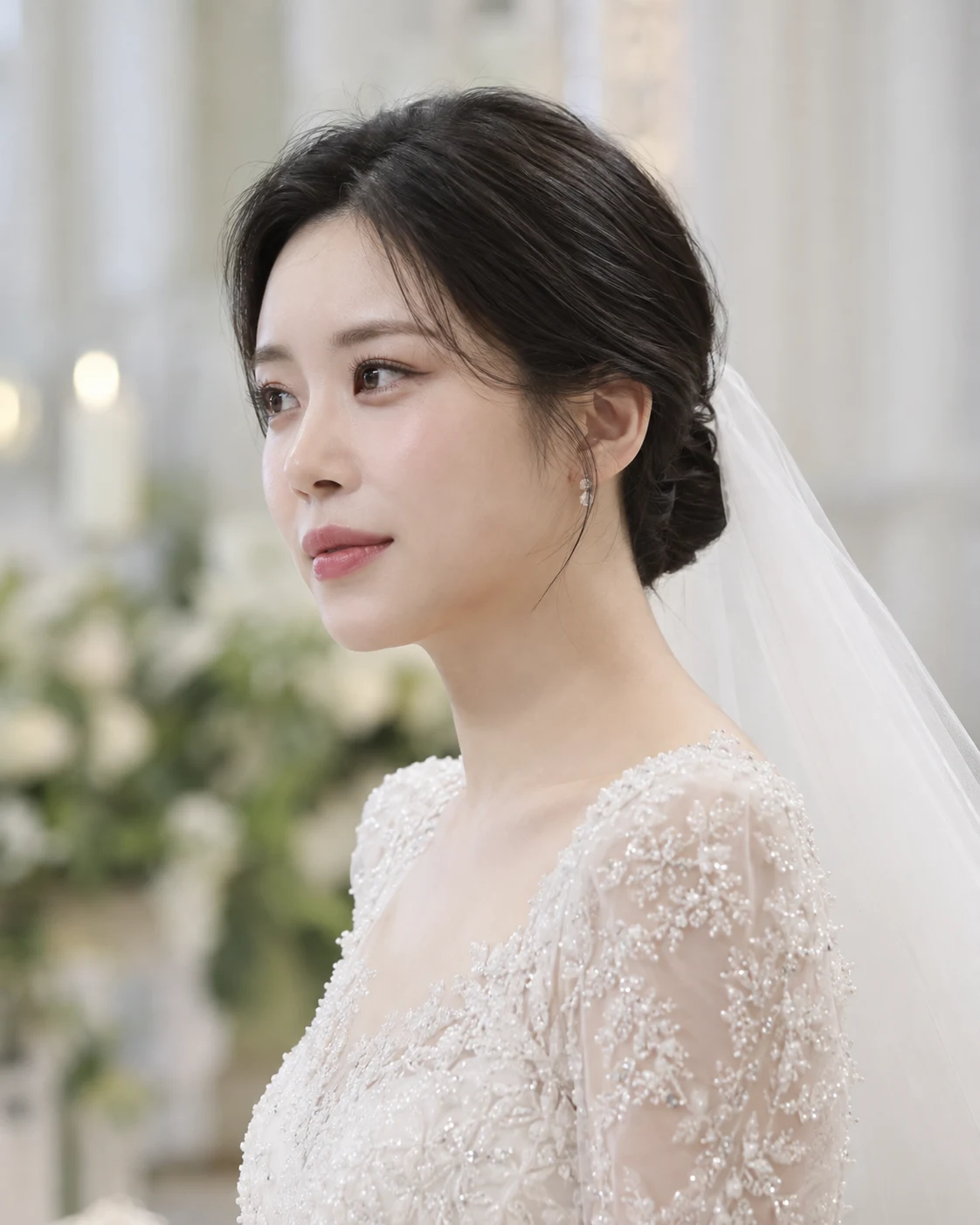 겨울 예식장 실내에서 본식 메이크업을 마친 신부를 측면에서 담은 사진