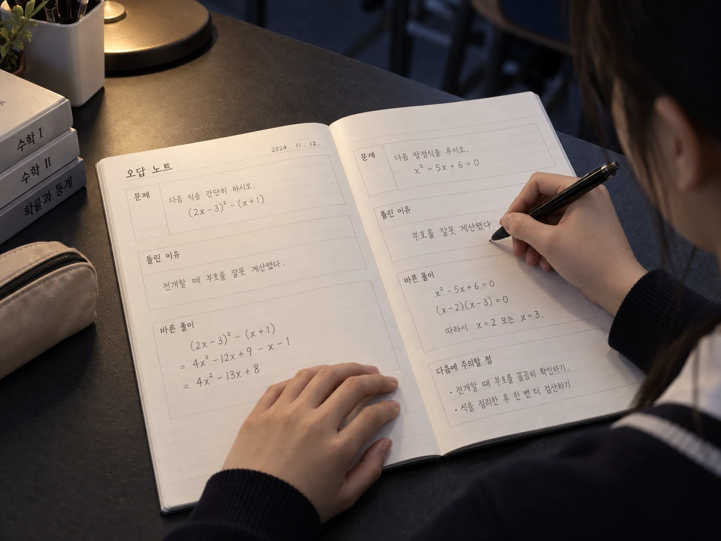 양식이 인쇄된 오답 노트를 펼쳐 놓고 학생이 틀린 이유를 한 줄 적는 손 근접 사진