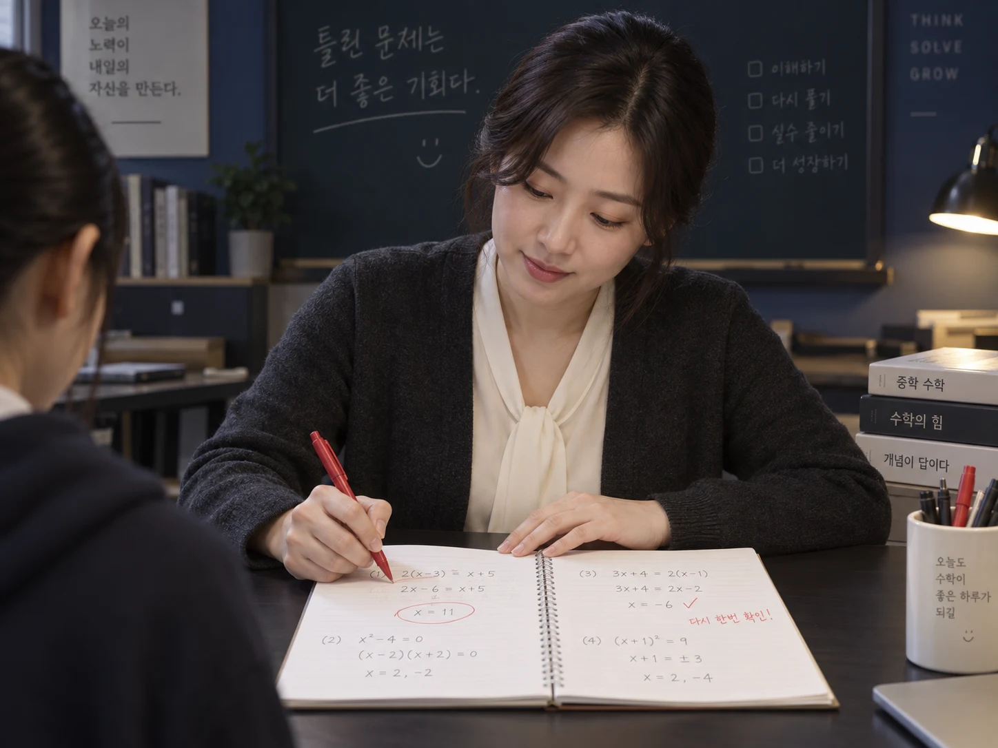 강사가 책상에 앉아 학생의 오답 노트를 펼쳐 보며 빨간 펜으로 표시하는 사진