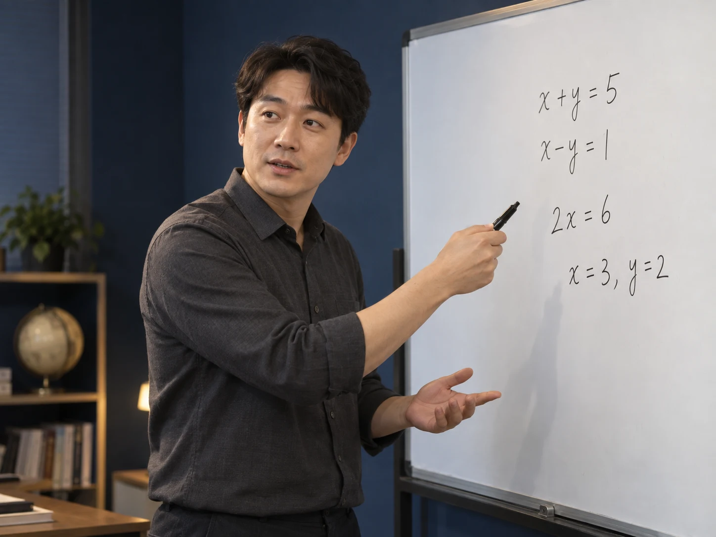 강사가 어두운 강의실 화이트보드에 연립방정식 풀이를 적으며 설명하는 상반신 사진