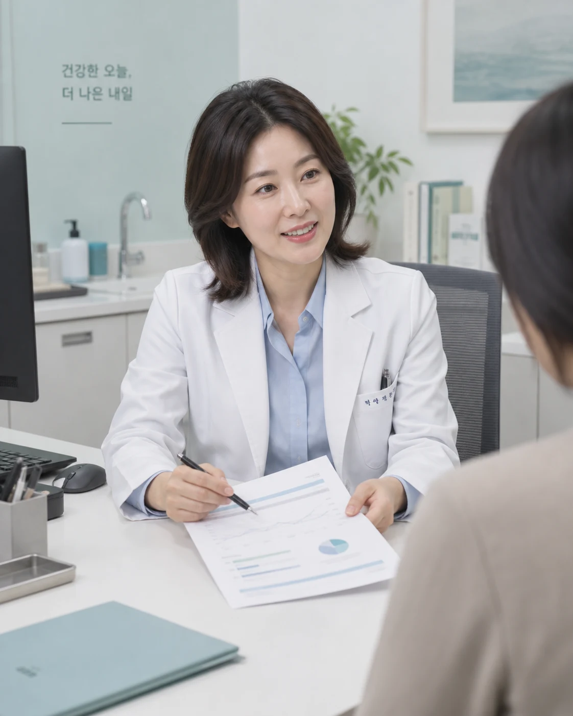 진료실 책상에서 검사 결과지를 보며 설명하는 원장