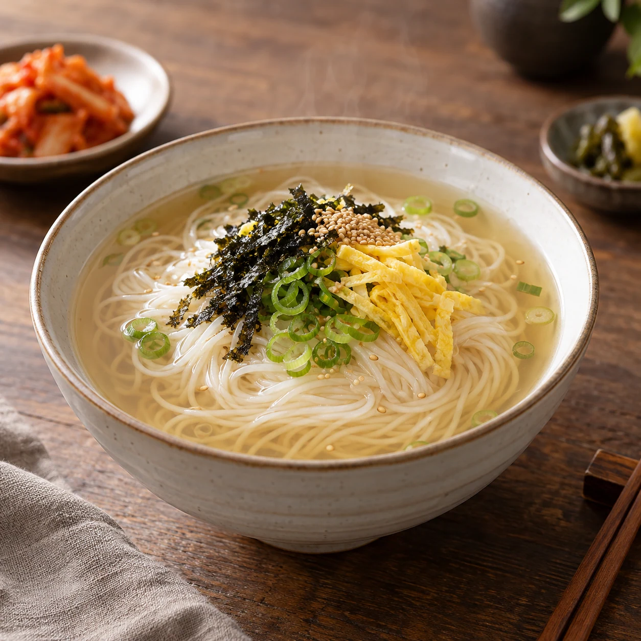 맑은 멸치국수에 고명이 올라간 모습