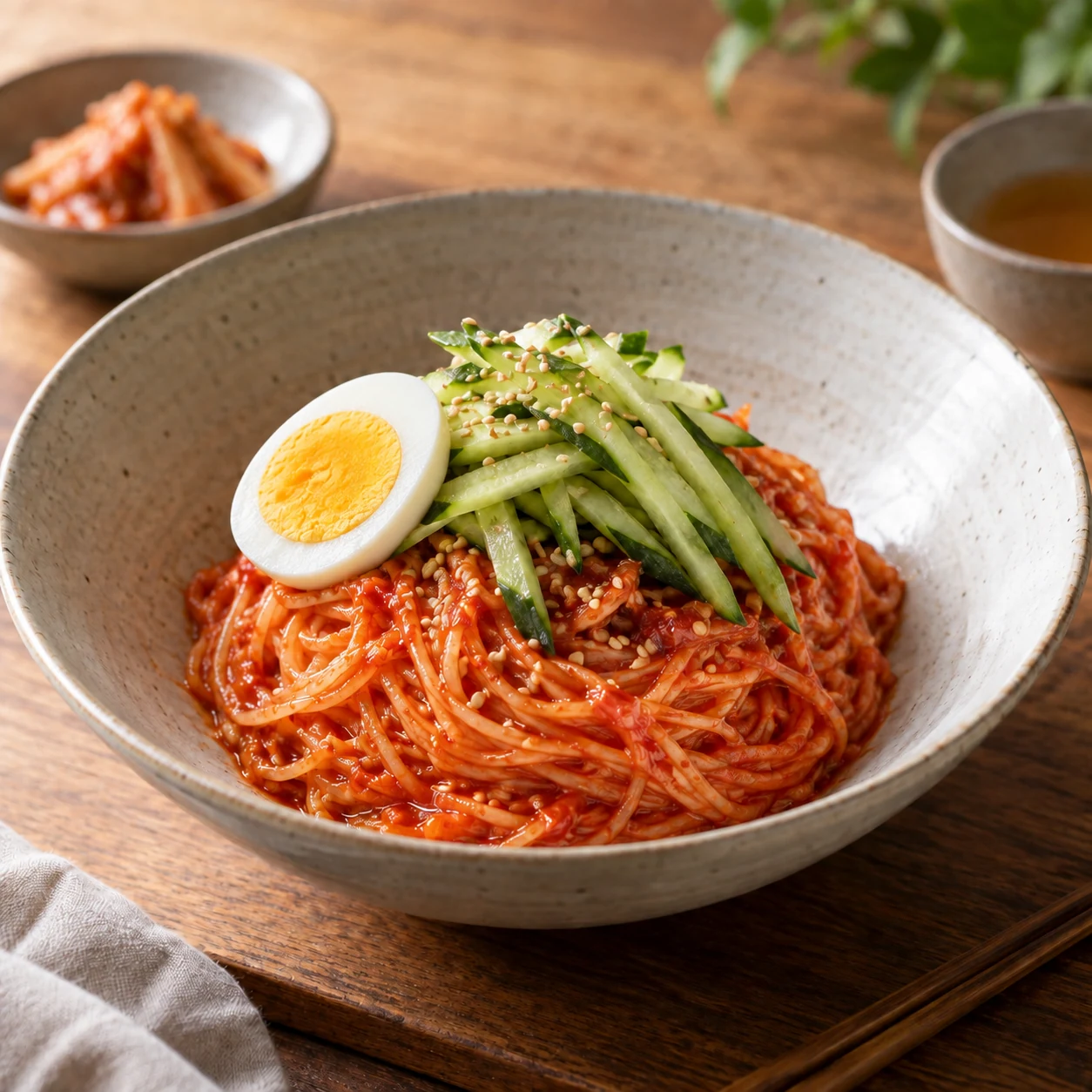 붉은 양념에 비벼진 비빔국수와 오이채