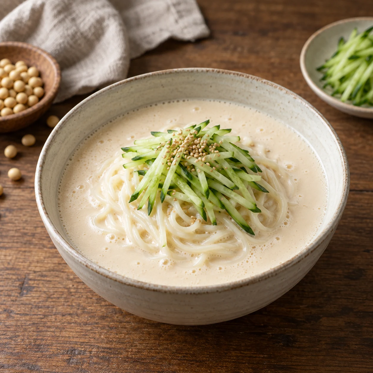 진한 콩국물에 담긴 콩국수와 오이채