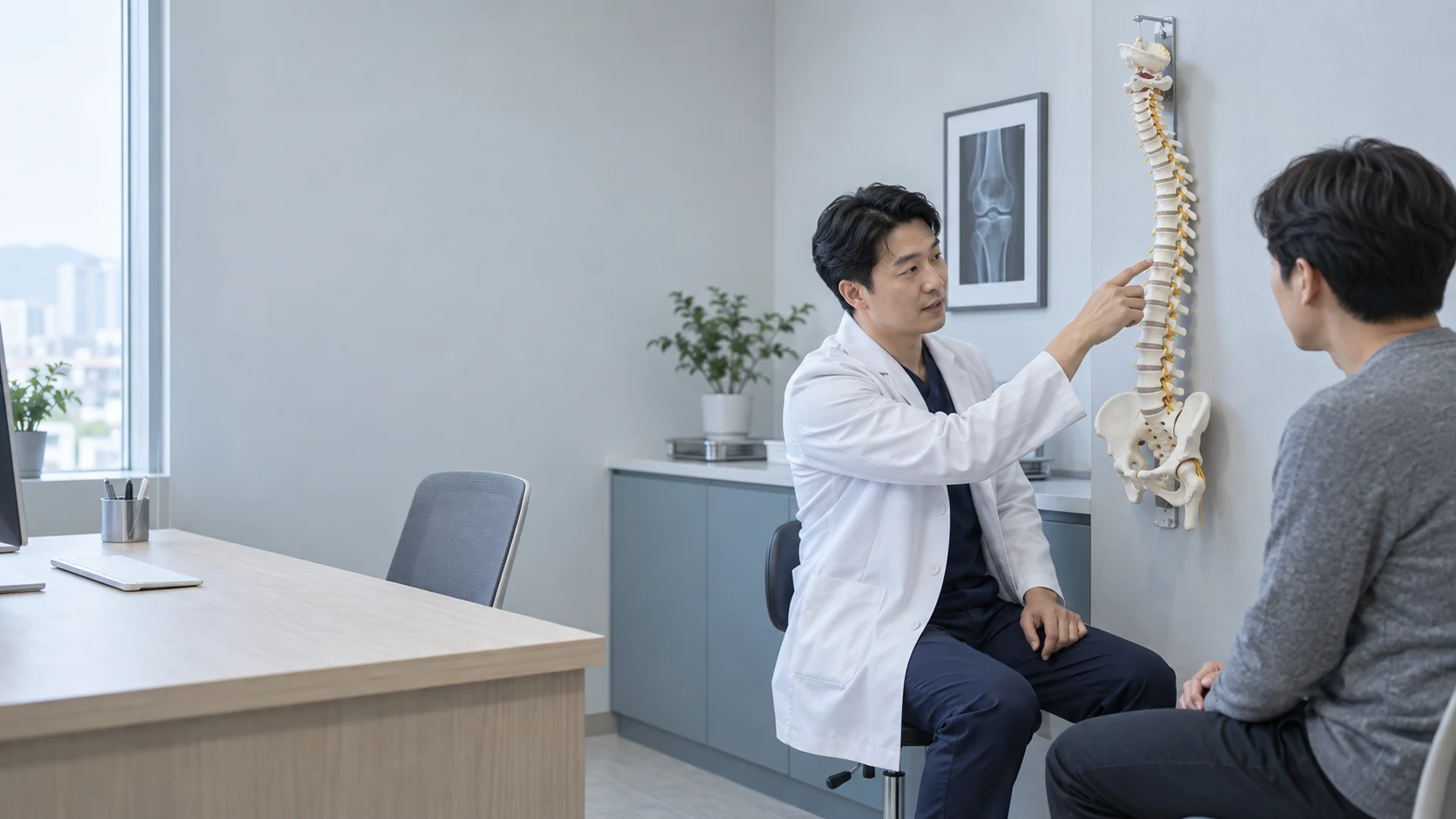 정형외과 진료실에서 의사가 벽에 걸린 척추 모형을 가리키며 환자에게 설명하는 넓은 장면