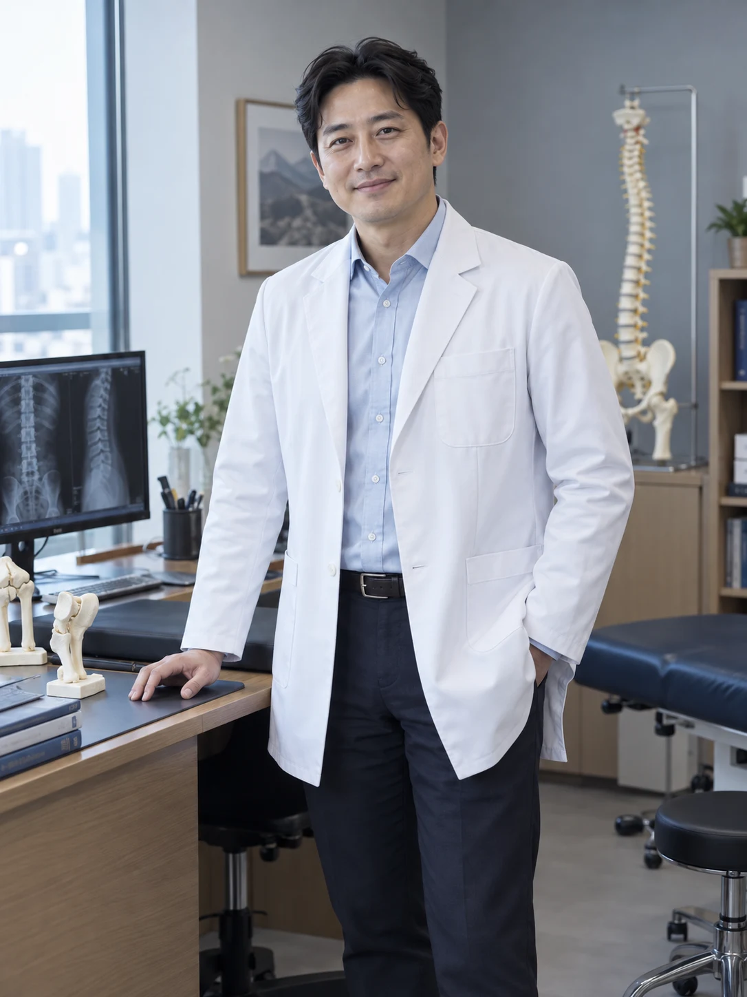 흰 가운을 입은 정형외과 원장이 진료실 책상 옆에 서 있는 세로 프로필 사진