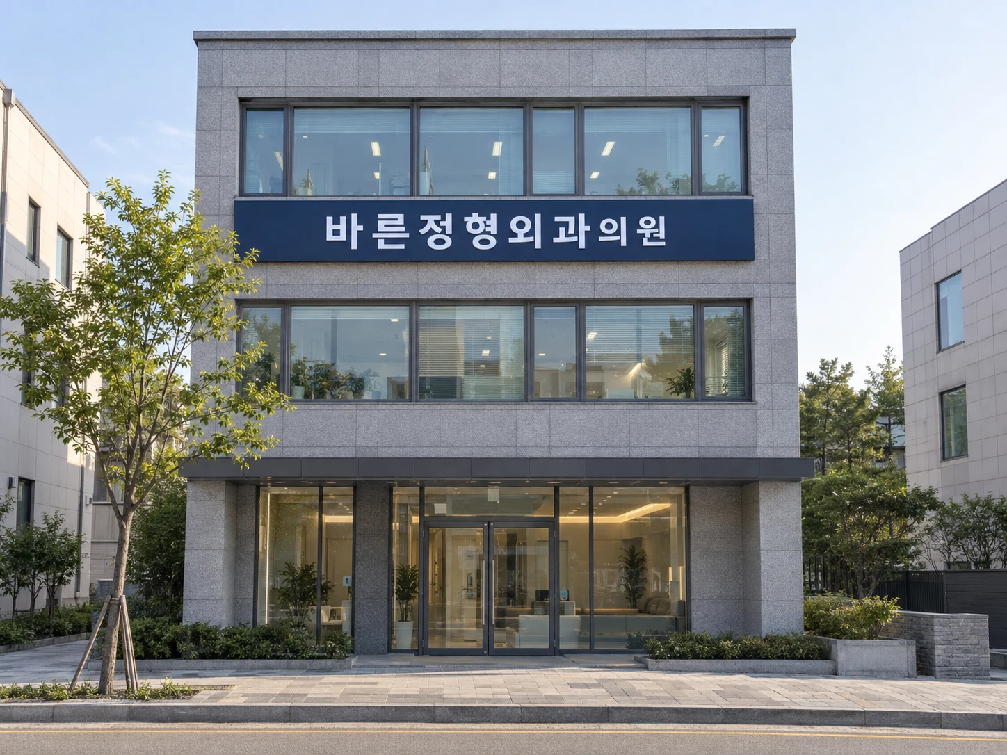 병원이 있는 3층 건물 외관과 정형외과 간판, 1층 출입구가 보이는 사진