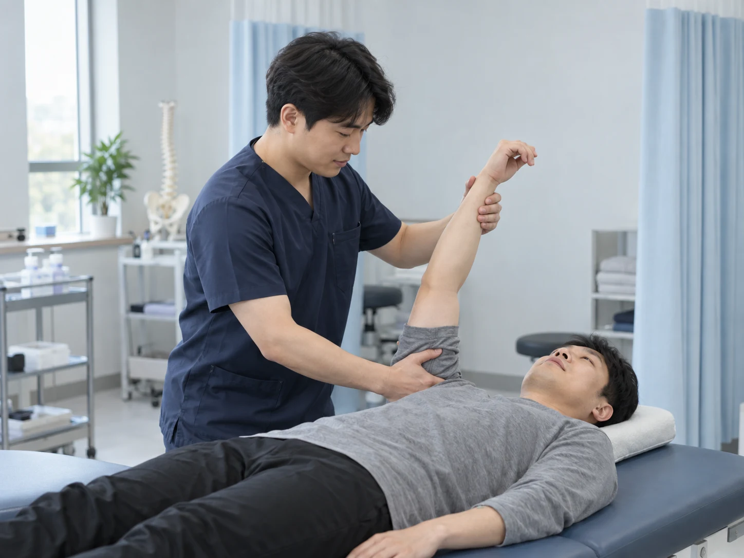 도수치료실 침대 위에서 치료사가 환자의 어깨 움직임을 손으로 확인하는 측면 사진