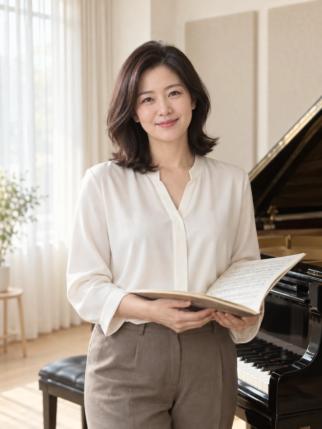강사가 피아노 옆에 서서 악보를 들고 있는 상반신 사진
