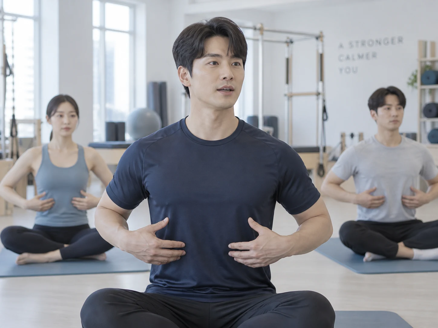 매트에서 그룹 수업을 진행하는 남성 강사의 상반신