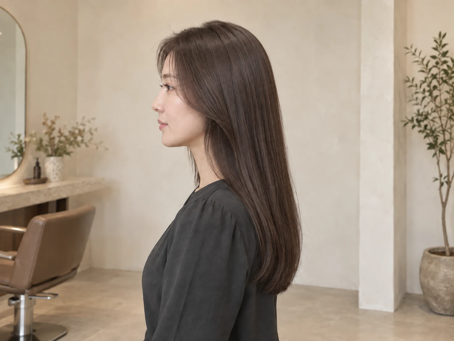 시술 후, 차분한 애쉬 브라운으로 바뀐 머리 옆모습