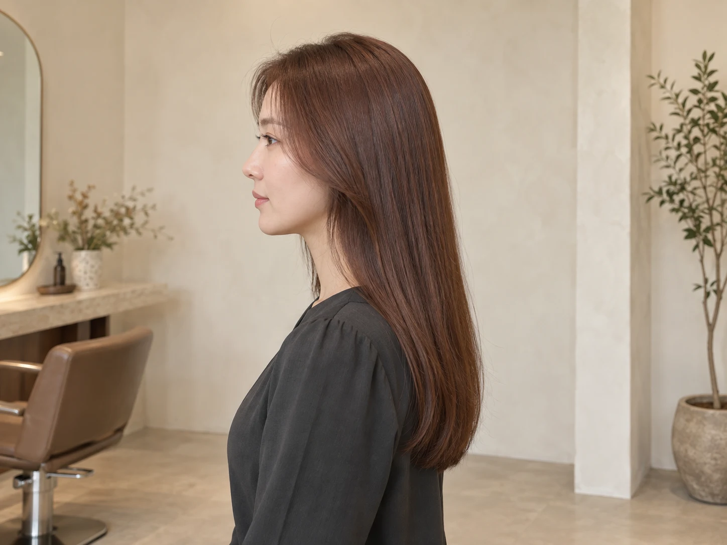 시술 전, 붉은기가 도는 갈색 머리 옆모습