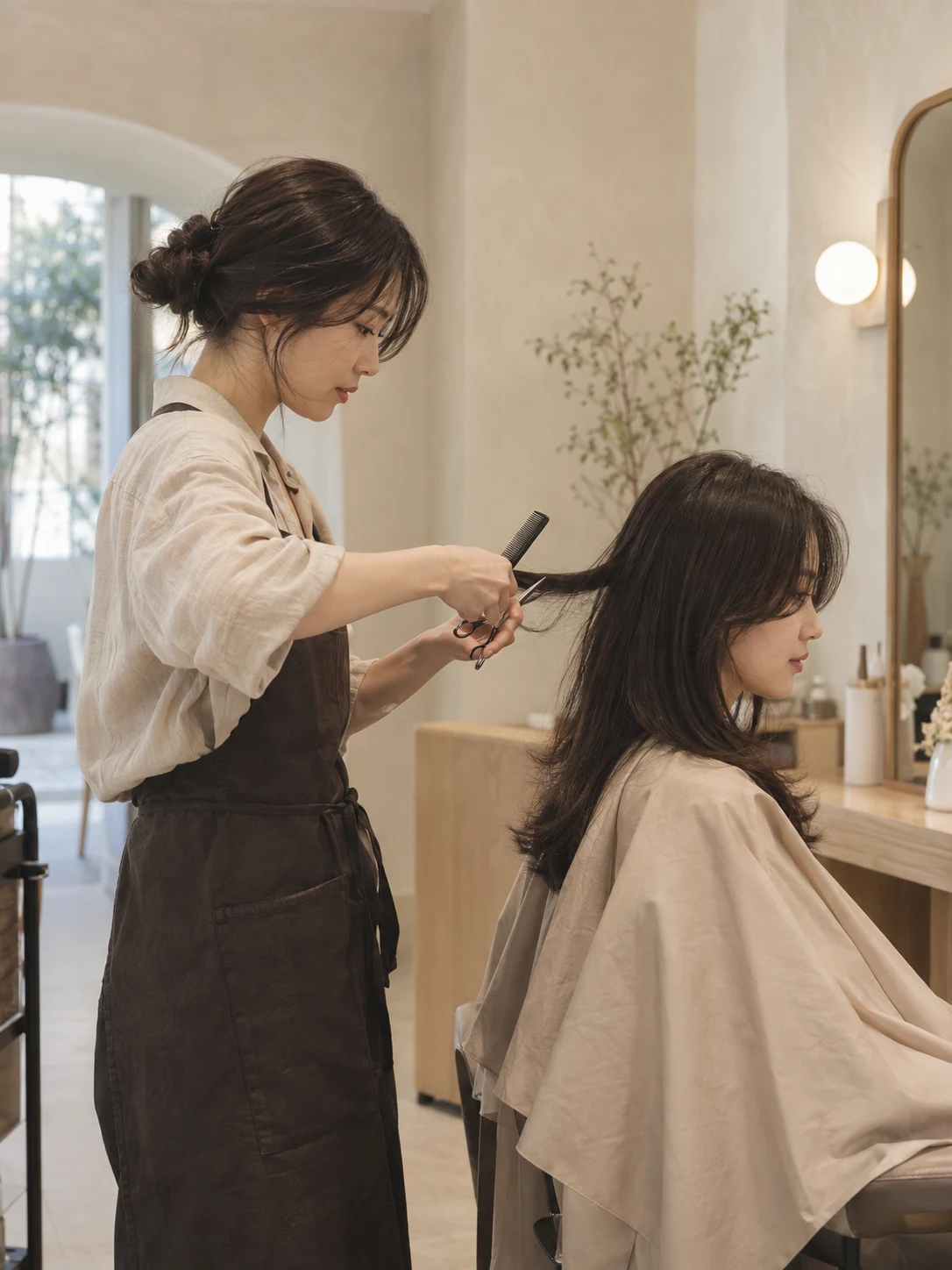 디자이너가 손님의 머리를 다듬는 장면을 옆에서 담은 사진