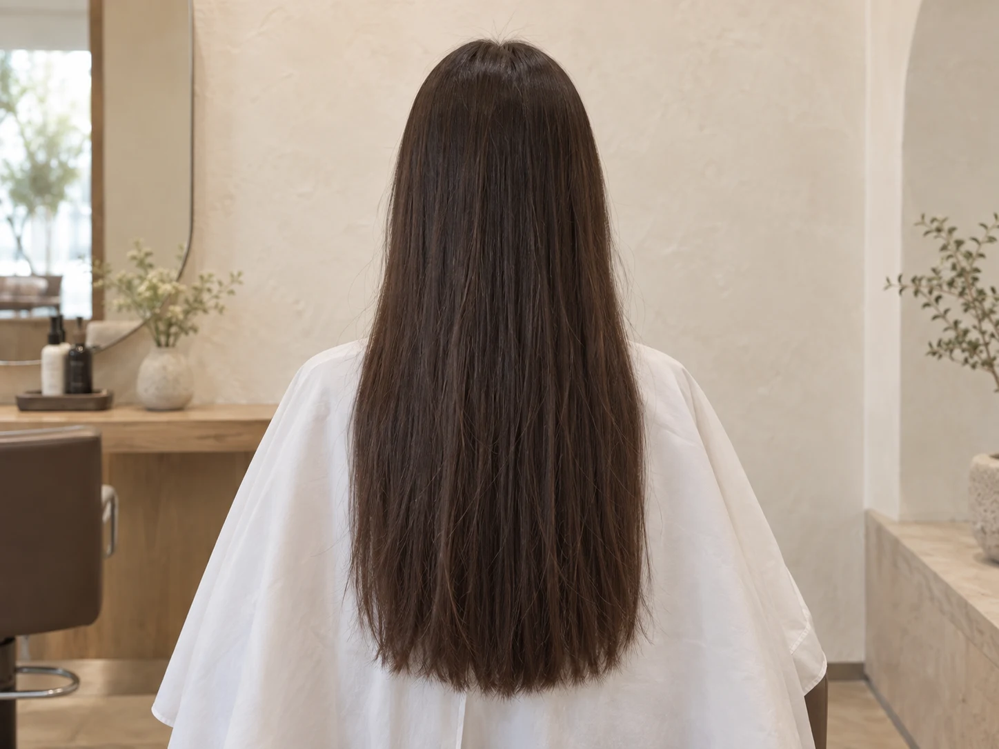 시술 전, 층이 없어 무거워 보이는 긴 머리 뒷모습