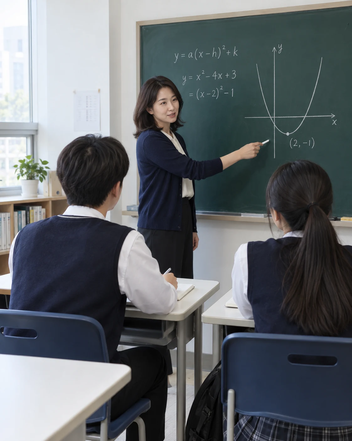 학생 두 명이 칠판 앞에서 수학 문제 풀이를 듣는 교실 모습