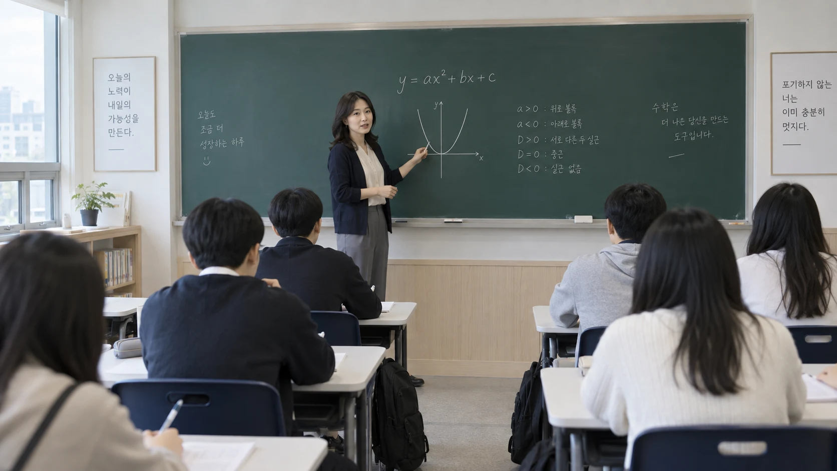 강사가 교실 앞 칠판에서 문제 풀이를 설명하는 넓은 교실 사진