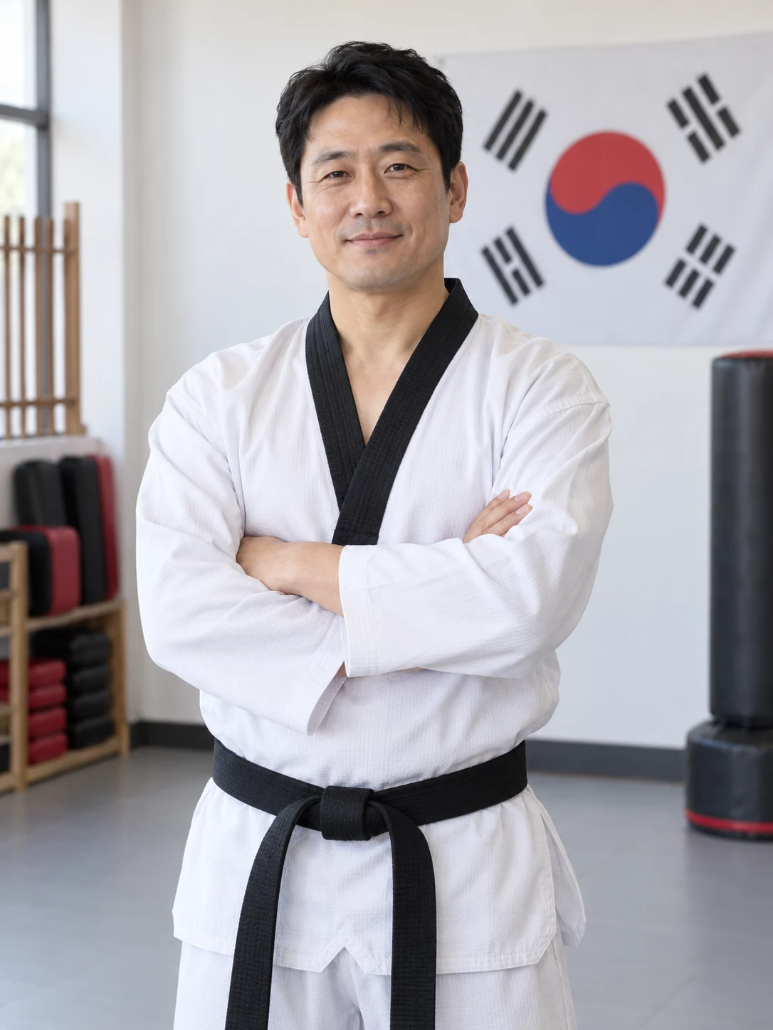 도복을 입은 관장이 도장 태극기 앞에 팔짱을 끼고 서 있는 상반신 사진