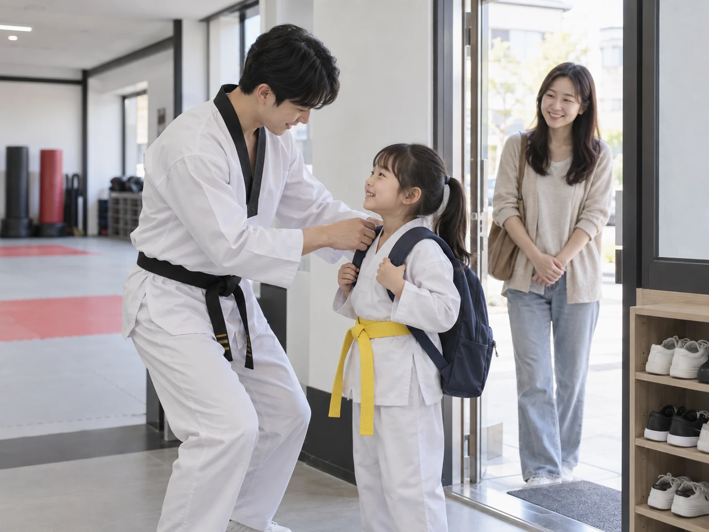 도장 입구에서 사범이 하원하는 아이의 가방을 챙겨 주고 학부모가 기다리는 모습